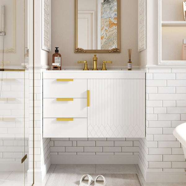 English Elm 30" Wall Mounted Bathroom Vanity with Ceramic Basin Sink, Floating Storage, Soft-Close Doors, Modern Elegance White N710P324096K