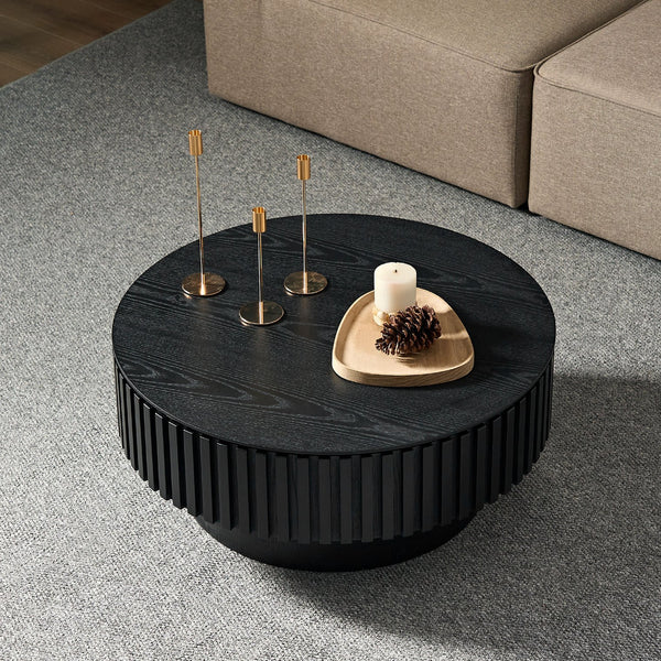English Elm 31.49'' Round Coffee Table with Hidden Storage, Space-Saving Modern Pedestal Design for Apartments Matt Black W876P365222