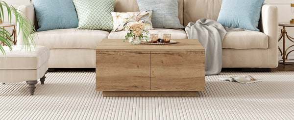 English Elm 33.25" Square Storage Coffee Table Four Drawer Matte Mdf Living Room Centerpiece Natural N735P422508N