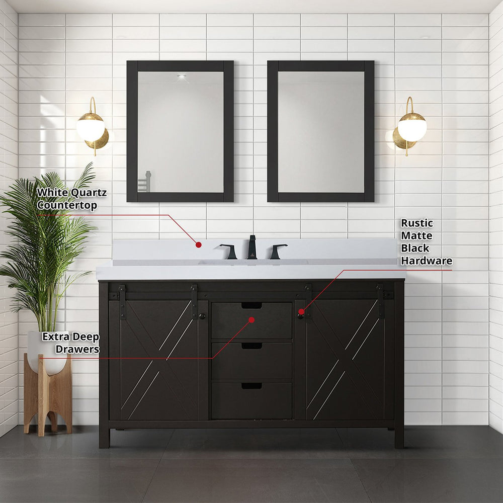 English Elm Brown Double Bath Vanity Set With White Quartz Countertop, Matte Black Faucet & 24" Mirrors Included B2731S01071