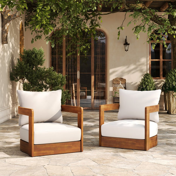 English Elm Christopher Knight Home® - [Set of 2] Premium Acacia Wood Outdoor Club Chair with Curved Tub, Slatted Design, Water-Resistant Beige Cushions N767P314269B_2