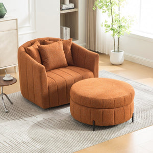 English Elm 39"w Swivel Barrel Club Chair with Channel Tufted Chenille and Round Storage Ottoman Set Orange W3118S00048