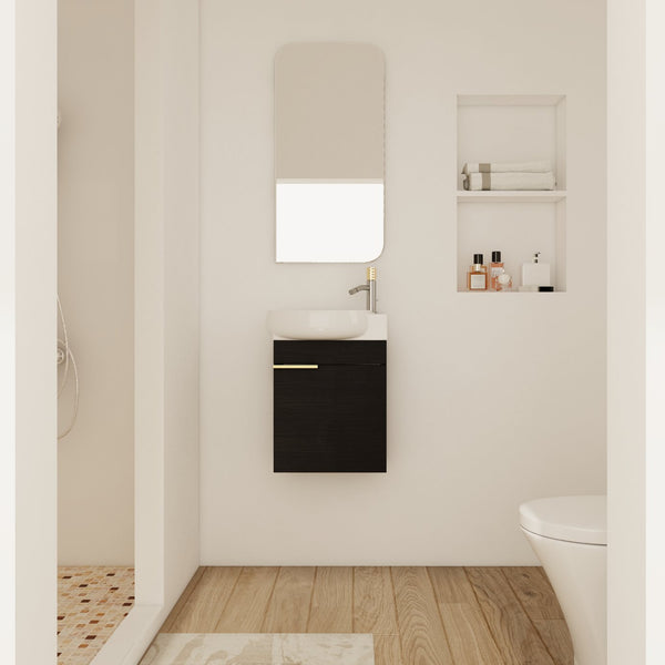 English Elm Soft Close 16" Wall-Mounted Bathroom Vanity with Round Ceramic Vessel Sink, Soft-Closing Doors, Water-Resistant Plywood Finish W999140772