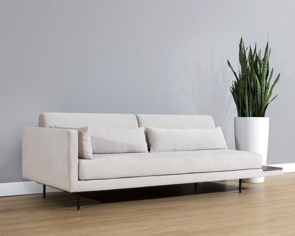 Sunpan Kalani Sofa - Modern Streamlined Design with Comfort Bolsters and Stylish Pine Wood Shelf Accent Danny Light Grey