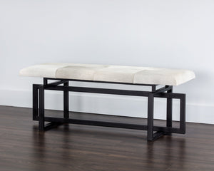 Sunpan Pilar Bench - Handcrafted Cowhide Seating with Stylish Black Iron Frame for Elegant Transitional Spaces Grey