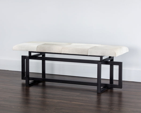 Sunpan Pilar Bench - Handcrafted Cowhide Seating with Stylish Black Iron Frame for Elegant Transitional Spaces Grey
