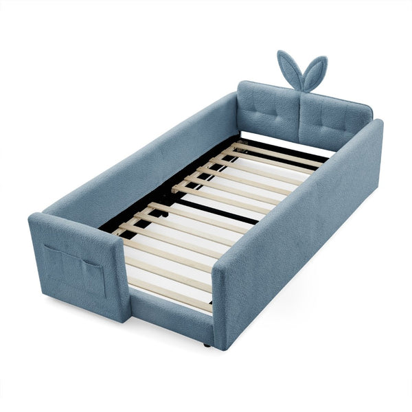 English Elm Twin Boucle Upholstered Kids Bed Whimsical Rabbit Ear Headboard with Safety Rail Sky Blue W1413P407487