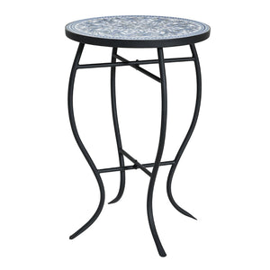 English Elm Outdoor Mosaic Ceramic Tile Round Side Table with Curved Wrought Iron Patio Accent Black,Blue,White N773P365597B
