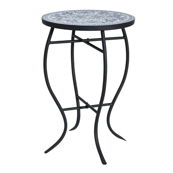 English Elm Outdoor Mosaic Ceramic Tile Round Side Table with Curved Wrought Iron Patio Accent Black,Blue,White N773P365597B