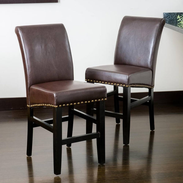 English Elm Christopher Knight Home® - 25.5'' Upholstered Counter Stool Set of 2 in Brown Leather with Solid Wood Frame, Nailhead Trim, Cushioned Comfort 74506.00