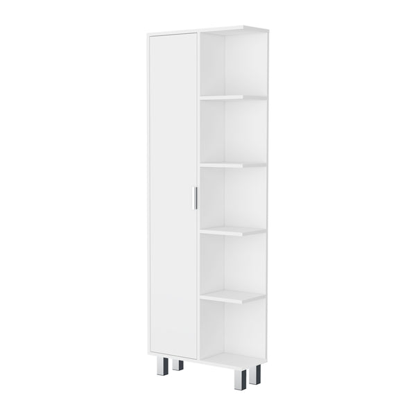 English Elm FM FURNITURE Randall Linen Cabinet White - Elegant 1-Door, 9 Shelves, Durable Particleboard Storage for Bathroom B128P321051