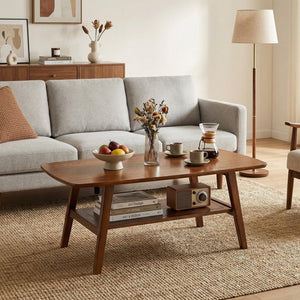 English Elm Mid Century Modern Solid Oak Two Tier Coffee Table with Open Shelf for Living Room Walnut W3204P469105