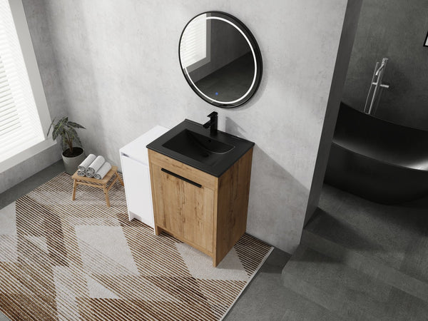 English Elm 36 Inch Freestanding Bathroom Vanity With Black Ceramic Sink & Soft-Close Doors For Modern Spaces W999S00308