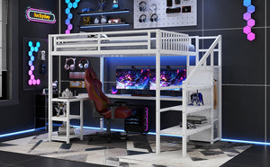 English Elm Metal Queen Loft Bed with Wardrobe, LED Light, L-Shaped Desk and USB Ports for Space-Saving Rooms White 65.75 L x 17.52 W x 6.3 H W2593S00039