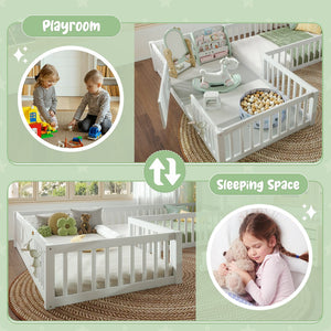 English Elm Twin House Floor Bed with Door & Full-Length Guardrails, Solid Wood Twin Loft Alternative for Kids White W1580P327128