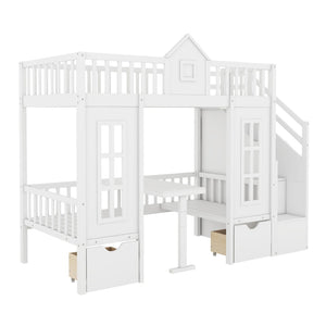 English Elm Twin-over-twin Bunk Bed Convertible Lower Desk Solid Pine Kids Bedroom Space Saver White LT000681AAK-1