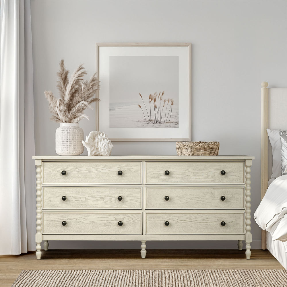 JLA Home Madison Park Signature - Large Dresser with Six Smooth-Glide Drawers, Velvet-Lined Boxes, Solid Spindle Legs, Metal Knobs, Anti-Tip Safety and 70" Width for Versatile Home Storage Antique Cream MPS137-0324