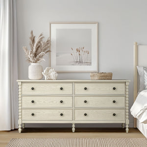 JLA Home Madison Park Signature - Large Dresser with Six Smooth-Glide Drawers, Velvet-Lined Boxes, Solid Spindle Legs, Metal Knobs, Anti-Tip Safety and 70" Width for Versatile Home Storage Antique Cream MPS137-0324