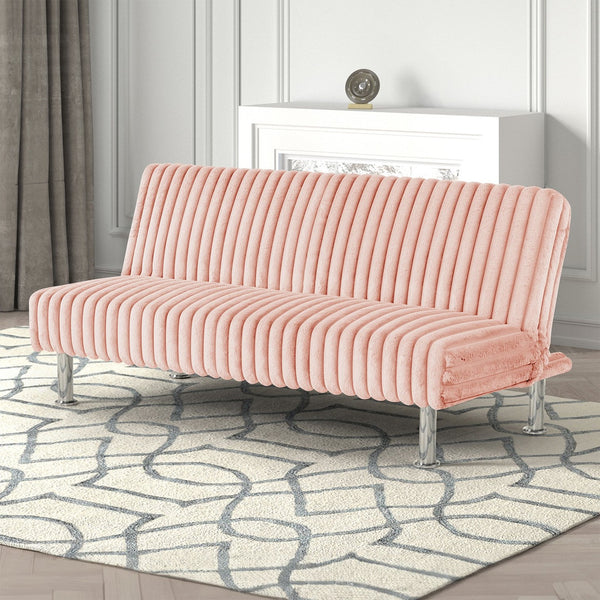 English Elm Pink Futon Sofa Bed with Chrome Support Legs, Contemporary Convertible Design, Foam Cushioned Comfort Pink 67 L x 41 W x 9 H B2741P364371