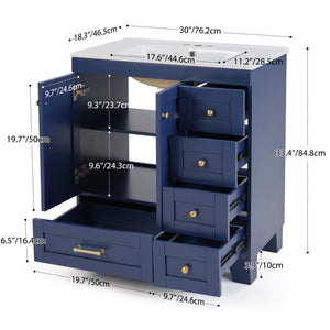 English Elm 30" Vanity with Ceramic Sink and Solid Wood Frame, Soft-Close Drawers, Compact Coastal Style, Durable Construction Blue W2896P344081
