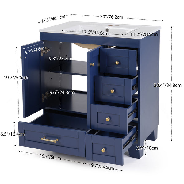 English Elm 30" Vanity with Ceramic Sink and Solid Wood Frame, Soft-Close Drawers, Compact Coastal Style, Durable Construction Blue W2896P344081