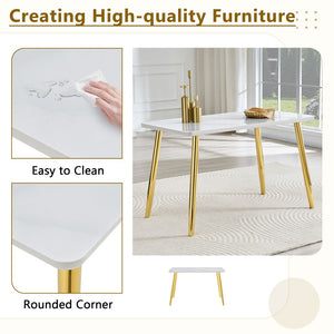 English Elm Table and Chair Set Marble Glass Top Gold Legs Four Seat Dining for Small Spaces Transparent,White+Gold W1151S04638