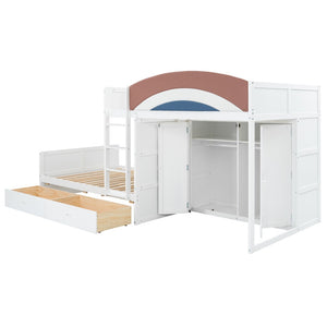 English Elm Full Size Offset Bunk Bed with Wardrobe Hanging Rod Drawers and Upholstered Rail White N820S00081K