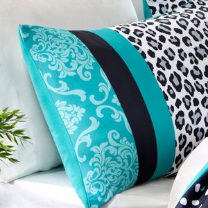 JLA Home Mi Zone - Comforter Chloe mixed polka dot, damask & leopard in black white teal with embroidered pillow, washable 90 L x 86 W x 1.5H MZ10-226