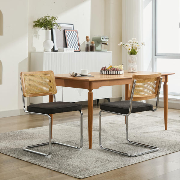 English Elm Mid Velvet Cantilever Dining Chairs Set of 2 — Mid Century Linen Upholstered Rattan Back, Chrome Base, DurableComfort W1143P342096 W1143P342096