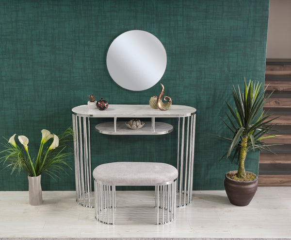 English Elm Garry Oval Fabric Ottoman with Chrome Legs — Plush Upholstery, Compact Modern Seat for Living Spaces Beige B029P333530