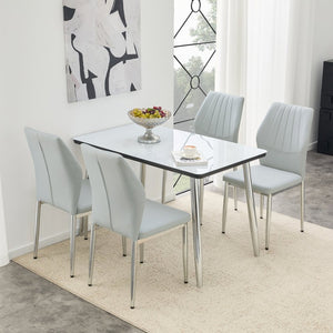 English Elm Table and Chair Set Marble Glass Top with Gray Pu Seating for Modern Dining W1151S04647