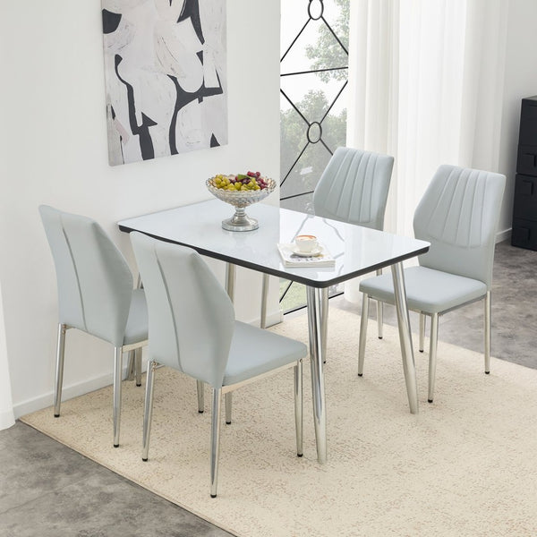 English Elm Table and Chair Set Marble Glass Top with Gray Pu Seating for Modern Dining W1151S04647