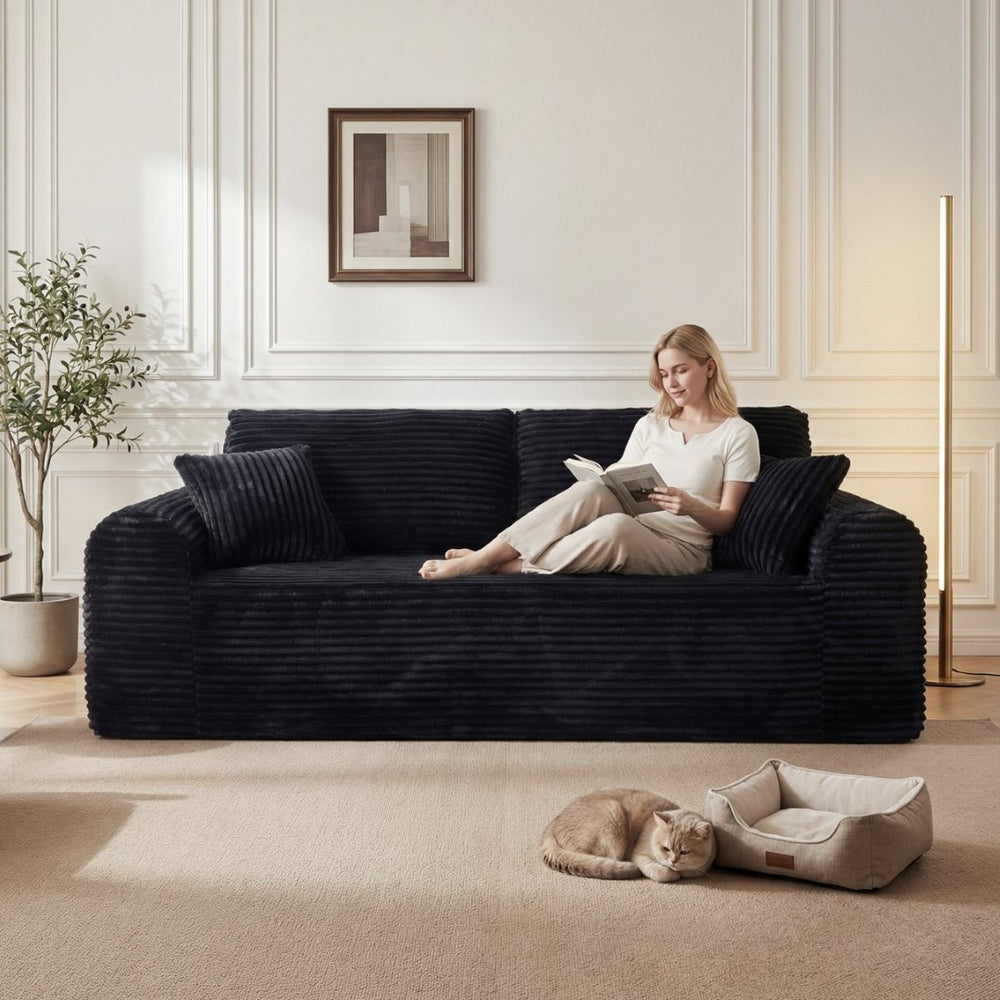 English Elm 3 Seater Corduroy Cloud Sofa Frameless Deep Cushion Lounger for Living Room Loft Black W5515P437310