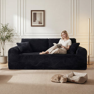 English Elm 3 Seater Corduroy Cloud Sofa Frameless Deep Cushion Lounger for Living Room Loft Black W5515P437310