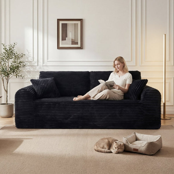 English Elm 3 Seater Corduroy Cloud Sofa Frameless Deep Cushion Lounger for Living Room Loft Black W5515P437310