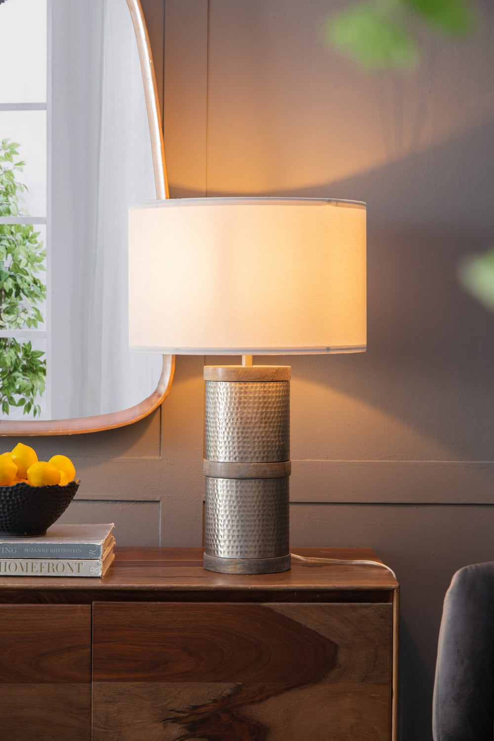 English Elm D16x24.4" Hammered Iron Table Lamp with Mango Wood Base, Gray-Silver Finish, Drum Shade Requires Assembly W2078P326339