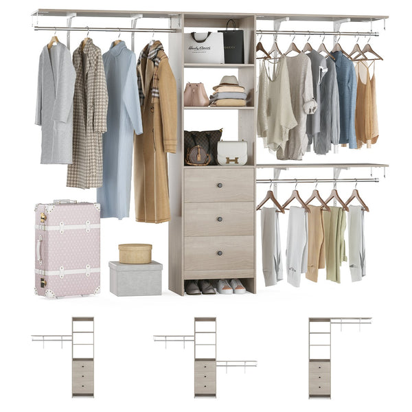 English Elm Closet Organizer - Versatile High Capacity Wardrobe Rack With 3 Drawers & Expandable Hanger Rods T3623P409124