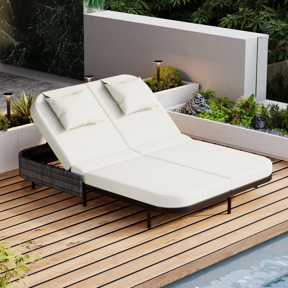English Elm TREXM Outdoor Daybed with Dual 5-Position Adjustable Backrests, UV-Resistant Rattan & Removable Cushions Black+Beige TM000021AAB