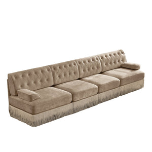 English Elm 135" Modular Chesterfield Sectional Velvet Tufted Sofa with Tassel Skirt for Lounge Rooms Camel W714S01699