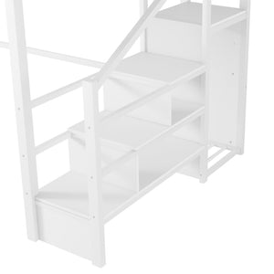 English Elm Queen Size Loft Bed With House-Shaped Guardrails, Stairs & Wardrobe - Perfect For Kids & Teens! W2593S00038-GIGA
