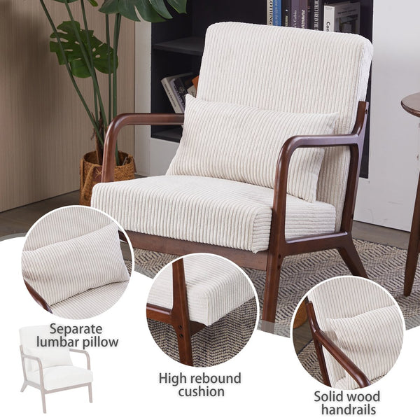 English Elm Mid-Century Beige Accent Chair Upholstered Armchair with Pillow, Solid Wood Frame, Ergonomic Comfort W2989P295373