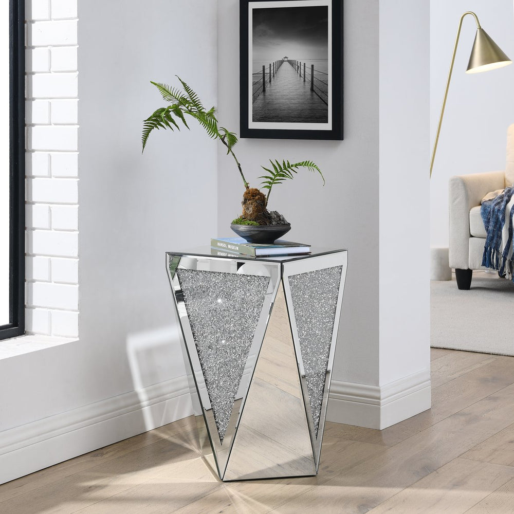 English Elm Inverted mirrored triangular accent table with crystal diamond inlay, compact elegant silver side table W1005P189513