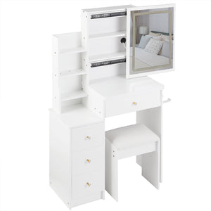English Elm 29.2" Stylish Left Bedside Vanity Table Set With Led Mirror, Power Station & Cushioned Stool For Small Spaces W936P202468