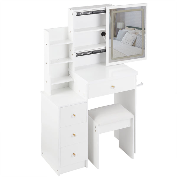 English Elm 29.2" Stylish Left Bedside Vanity Table Set With Led Mirror, Power Station & Cushioned Stool For Small Spaces W936P202468