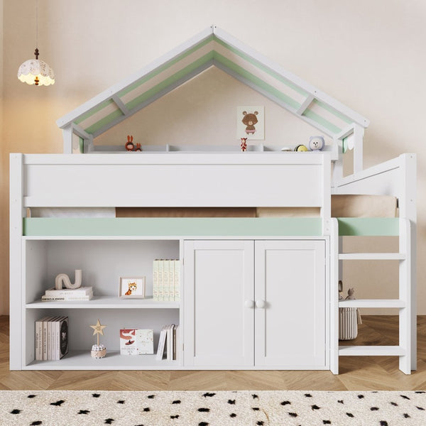 English Elm Full Size Pine Loft Bed with House Canopy Roof Built-in Shelves Kids Bedroom N7090005012F