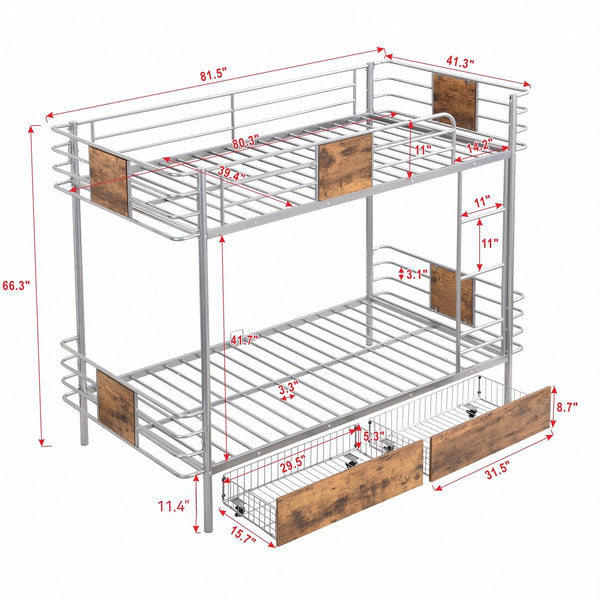 English Elm Twin XL over Twin XL Metal Bunk Bed with Full-Length Guardrails, Sturdy Ladder & Built-In Drawers Silver GX001123AAN