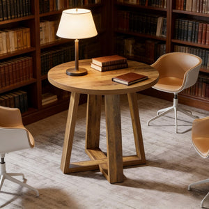 English Elm Compact Round Mdf Table Warm Brown Farmhouse Finish for Office or Living Room T3971P452197