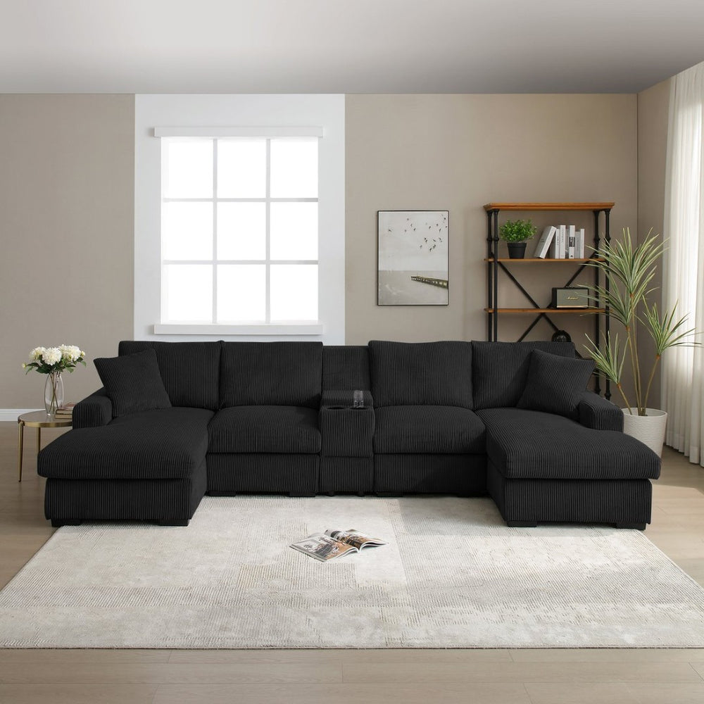 English Elm U Shaped Oversized Sectional Sofa with Double Chaise Console Cup Holders and Usb Port Black W1117S00326