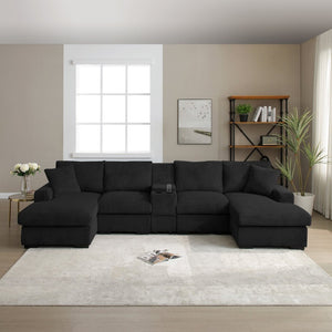 English Elm U Shaped Oversized Sectional Sofa with Double Chaise Console Cup Holders and Usb Port Black W1117S00326