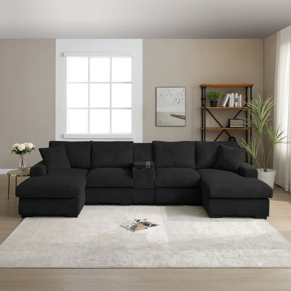 English Elm U Shaped Oversized Sectional Sofa with Double Chaise Console Cup Holders and Usb Port Black W1117S00326
